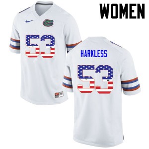 Women Florida Gators #53 Kavaris Harkless College Football USA Flag Fashion White 357725-404